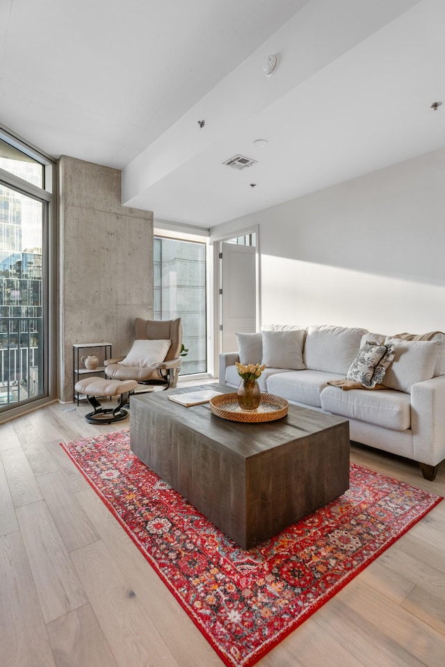 living room featuring hardwood / wood-style floors and expansive windows