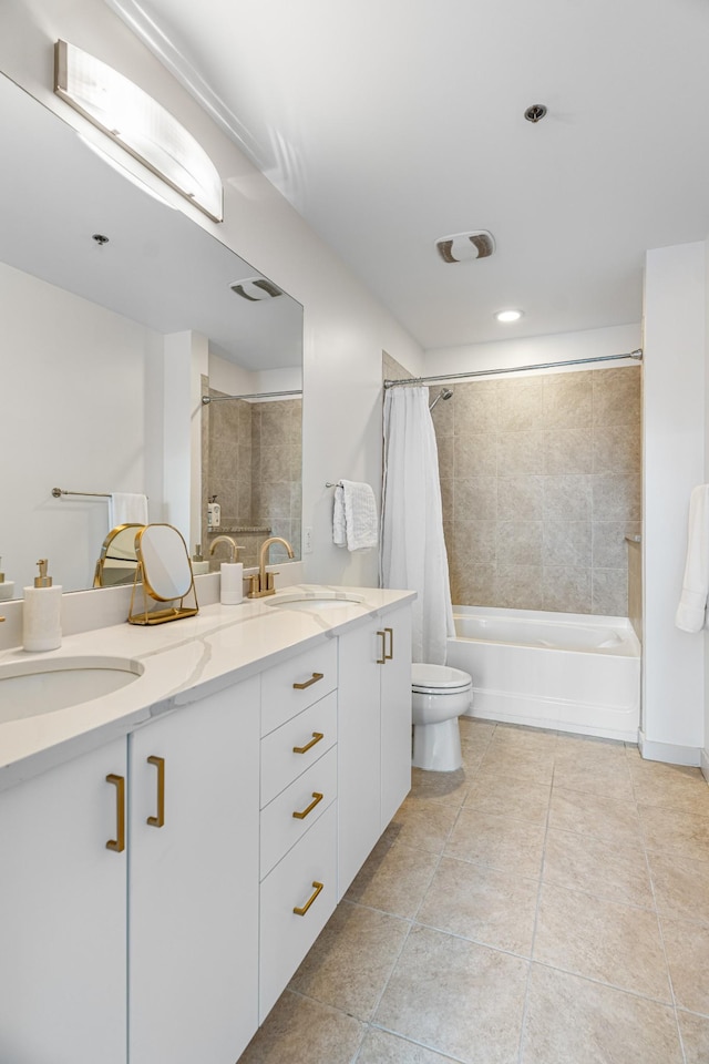 full bathroom with vanity, toilet, and shower / bathtub combination with curtain