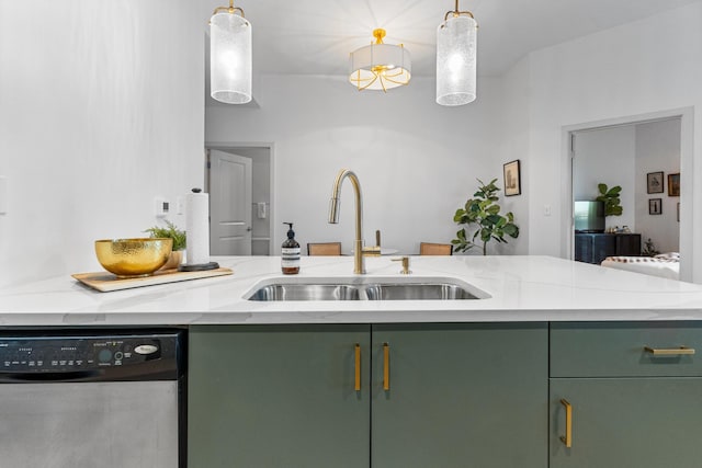 kitchen featuring dishwasher, decorative light fixtures, and green cabinetry