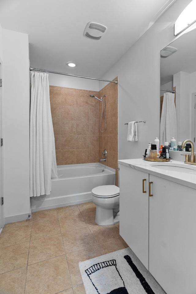 full bathroom with shower / bath combo, vanity, toilet, and tile patterned floors