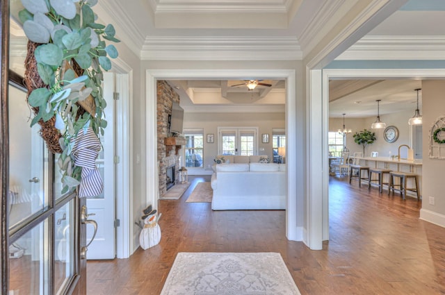 foyer entrance featuring ceiling fan, ornamental molding, plenty of natural light, and a stone fireplace