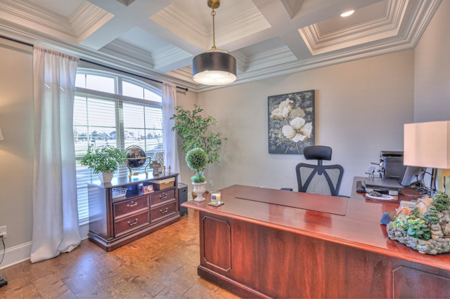 office area featuring light wood-type flooring, crown molding, coffered ceiling, and beamed ceiling