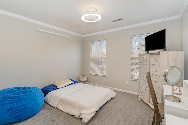 carpeted bedroom with crown molding