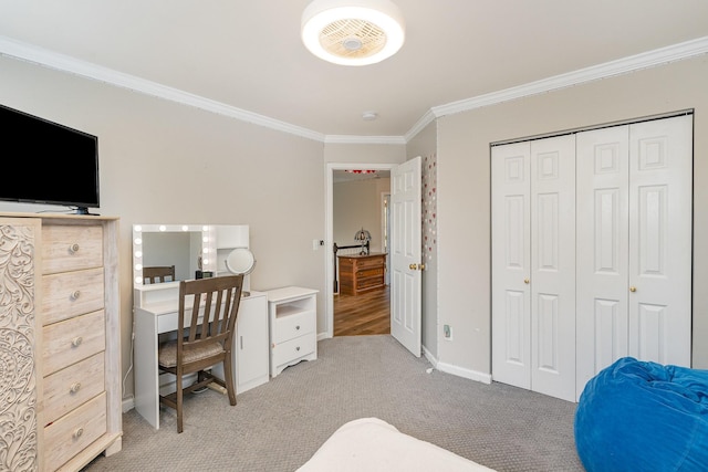 carpeted office featuring ornamental molding