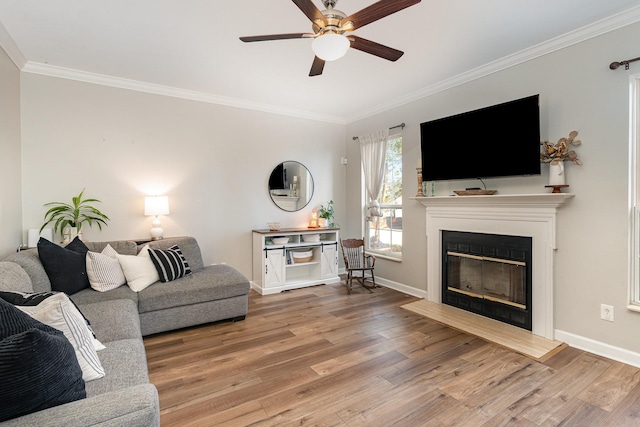 living room with wood-type flooring, ceiling fan, and crown molding