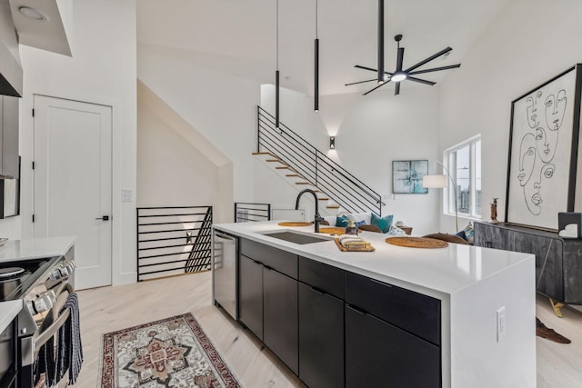 kitchen with sink, ceiling fan, light wood-type flooring, an island with sink, and stainless steel appliances