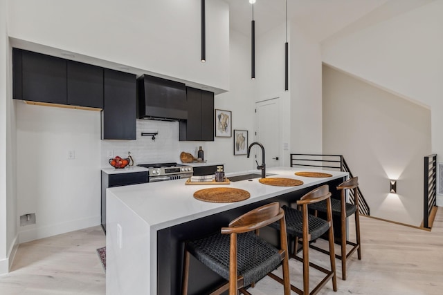 kitchen featuring sink, wall chimney exhaust hood, decorative backsplash, light hardwood / wood-style floors, and stainless steel range oven