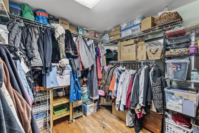 walk in closet with wood finished floors