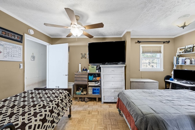 bedroom with crown molding, light parquet flooring, and a textured ceiling