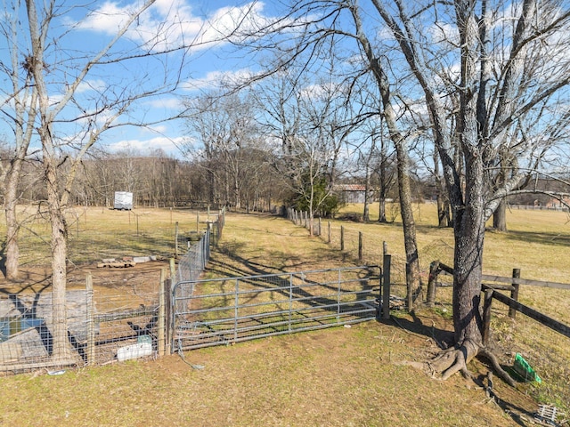 view of yard featuring a rural view, a gate, and fence