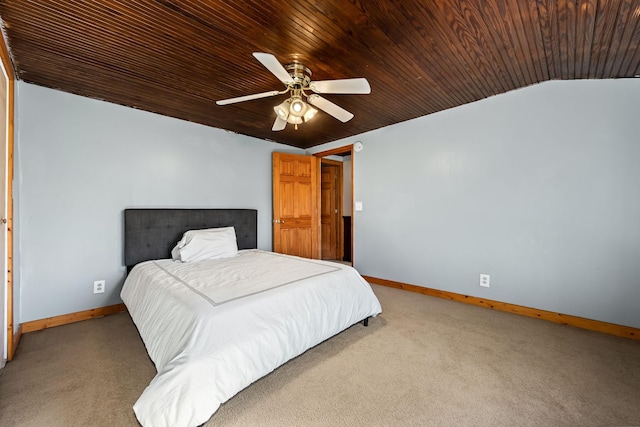 bedroom with carpet flooring, ceiling fan, wood ceiling, and lofted ceiling