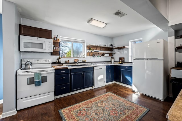 kitchen with sink, dark wood-type flooring, white appliances, and blue cabinets