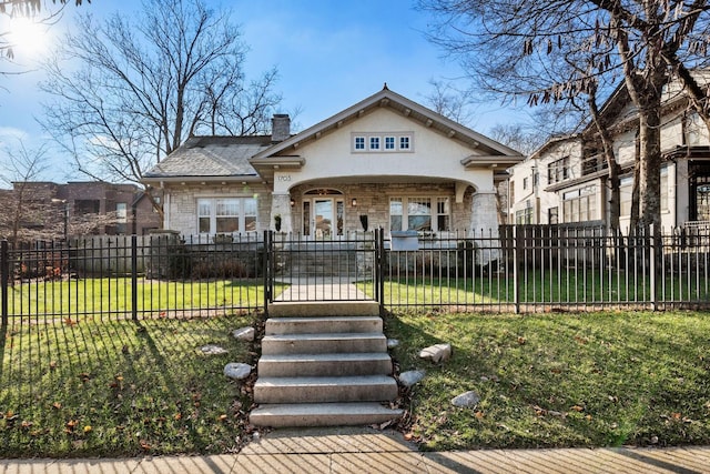 bungalow-style house with a porch and a front lawn