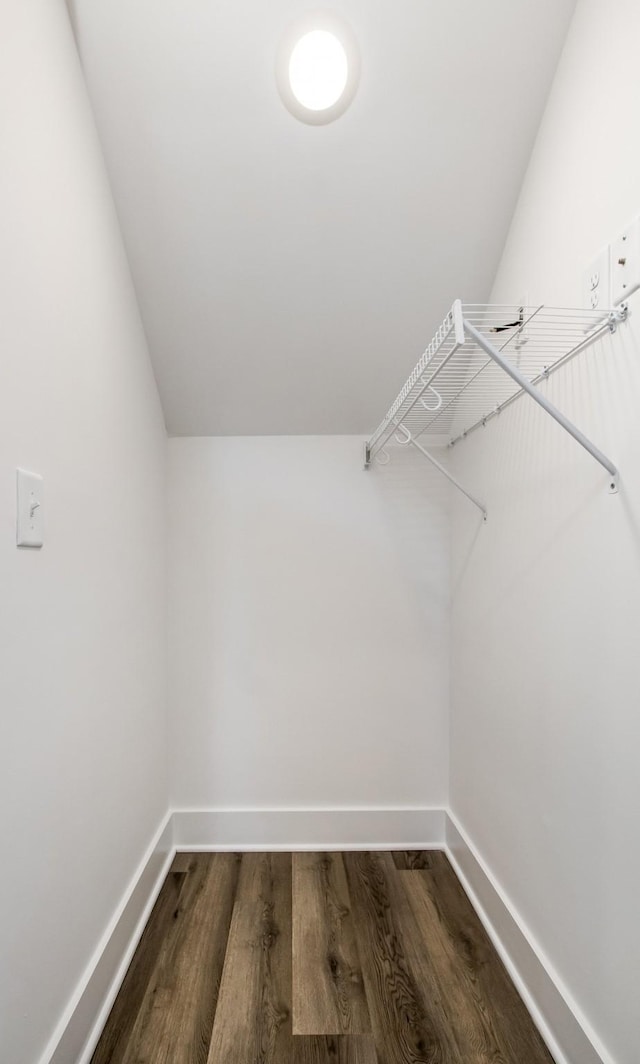 walk in closet featuring wood-type flooring and lofted ceiling