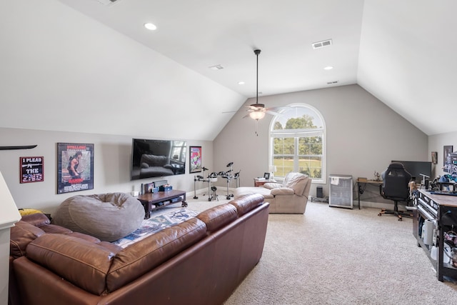 living room with light carpet, vaulted ceiling, and ceiling fan