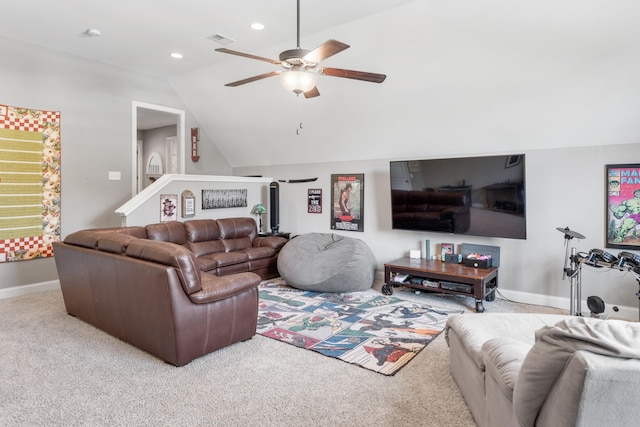 living room with light colored carpet, vaulted ceiling, and ceiling fan