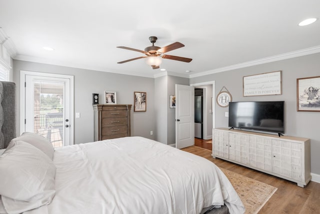 bedroom with light wood-type flooring, access to outside, ceiling fan, and crown molding