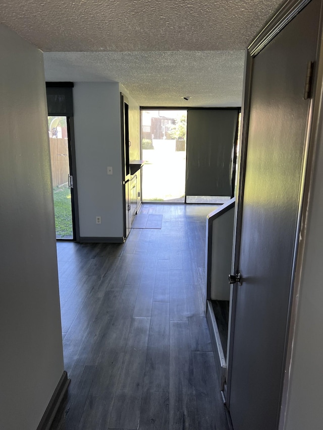 corridor featuring dark wood-type flooring and a textured ceiling