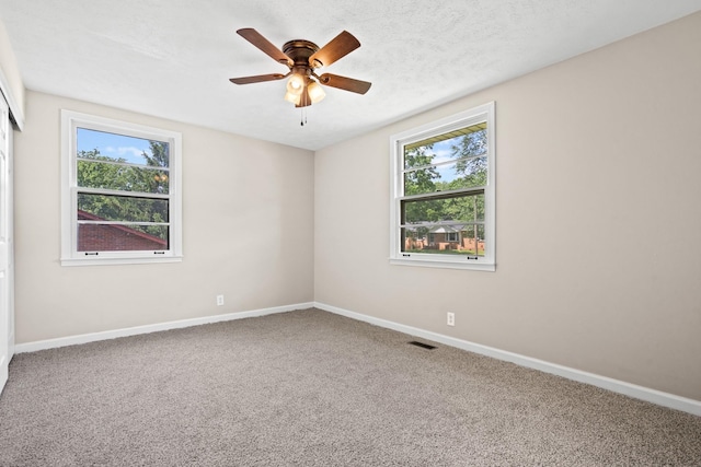 carpeted empty room featuring a wealth of natural light, ceiling fan, and a textured ceiling