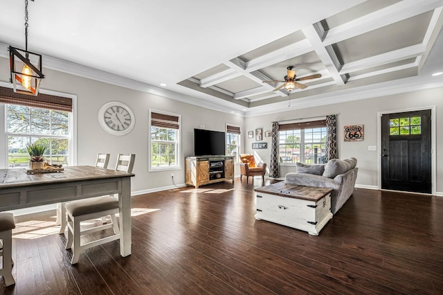 living room featuring beamed ceiling, ornamental molding, dark hardwood / wood-style floors, and coffered ceiling