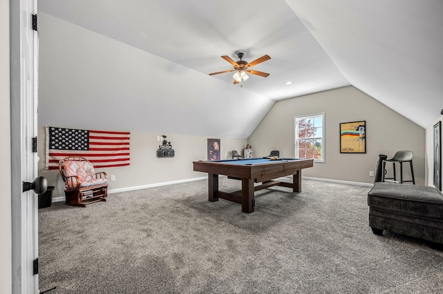 playroom featuring carpet, ceiling fan, billiards, and vaulted ceiling