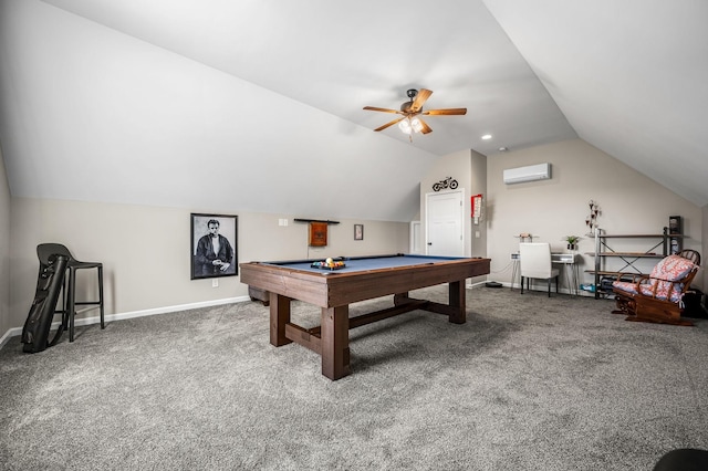 playroom with an AC wall unit, ceiling fan, carpet flooring, and pool table