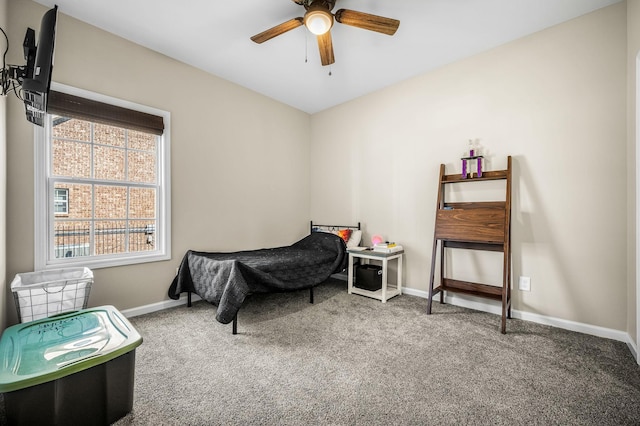 carpeted bedroom with ceiling fan