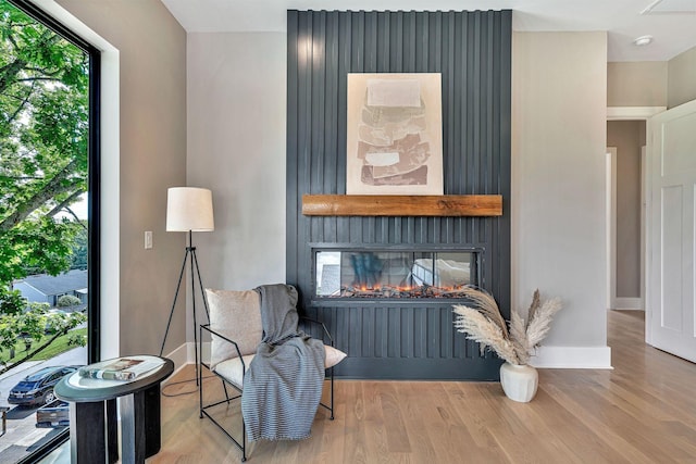 living area with a fireplace and hardwood / wood-style floors