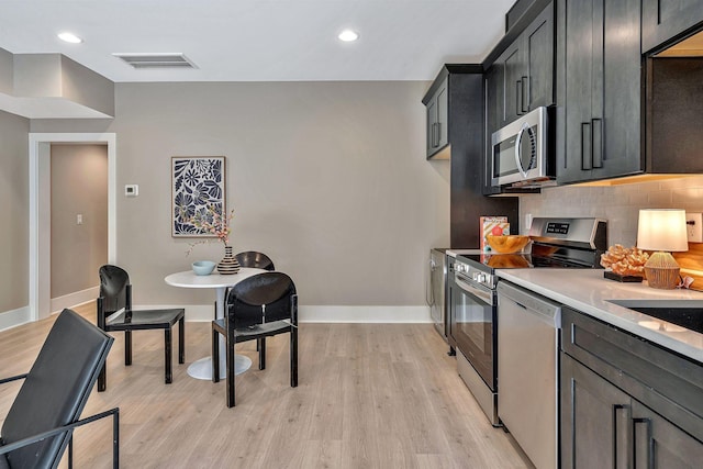 kitchen with decorative backsplash, light hardwood / wood-style floors, and stainless steel appliances