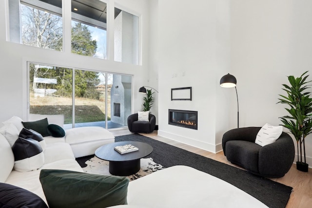 living room featuring hardwood / wood-style floors and a towering ceiling