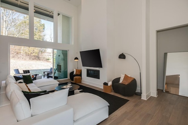 living room featuring hardwood / wood-style floors, a towering ceiling, and a healthy amount of sunlight