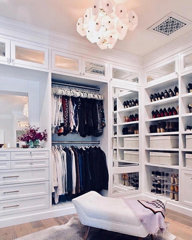 walk in closet with light hardwood / wood-style floors