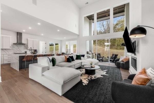 living room with a fireplace, a high ceiling, light hardwood / wood-style flooring, and sink