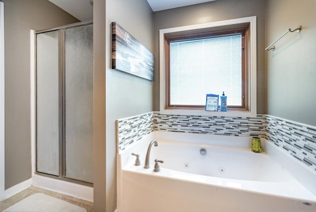 bathroom with plus walk in shower and tile patterned floors