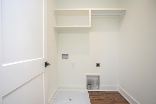 laundry room with hookup for a washing machine, electric dryer hookup, and dark hardwood / wood-style floors