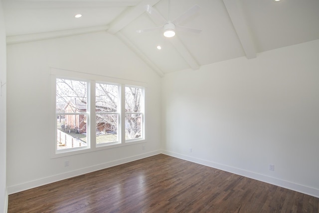 empty room featuring lofted ceiling with beams, dark hardwood / wood-style floors, and ceiling fan