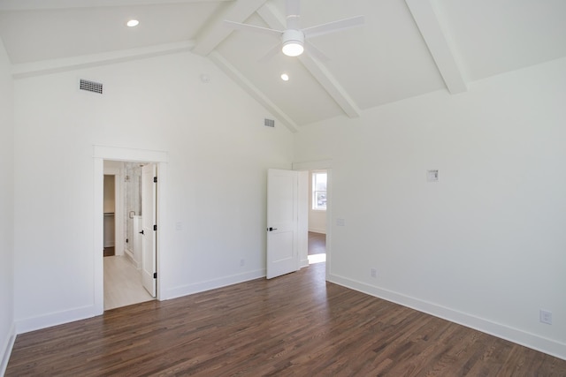 empty room featuring ceiling fan, beam ceiling, dark hardwood / wood-style flooring, and high vaulted ceiling