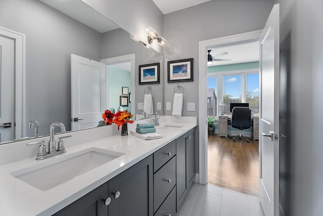 bathroom with vanity, tile patterned floors, and ceiling fan