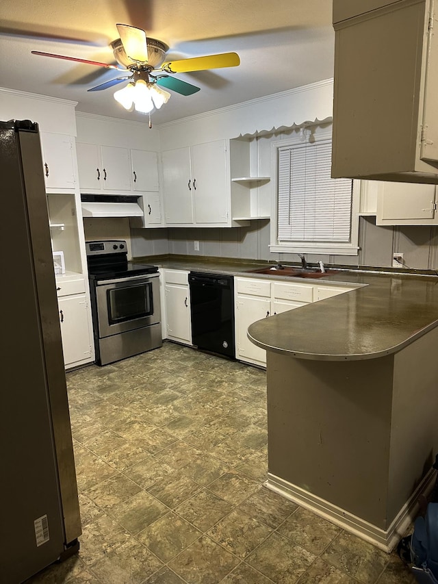 kitchen featuring appliances with stainless steel finishes, ceiling fan, ornamental molding, sink, and white cabinetry