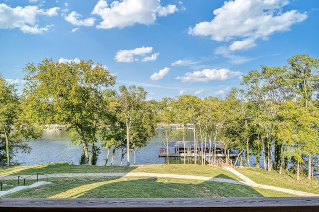 dock area featuring a water view and a lawn