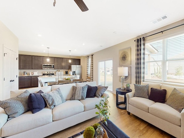 living room with light wood-type flooring, a wealth of natural light, and ceiling fan