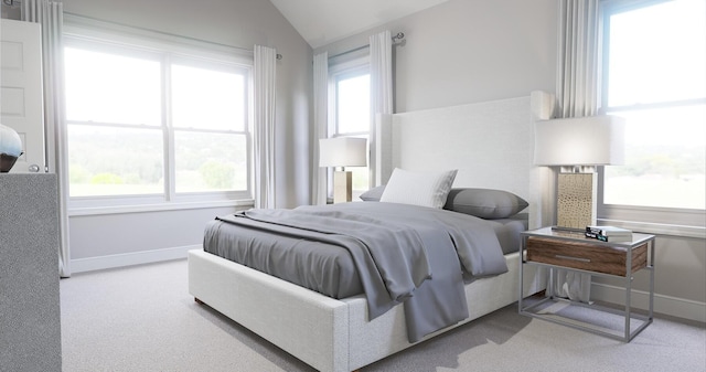 bedroom with light colored carpet and lofted ceiling