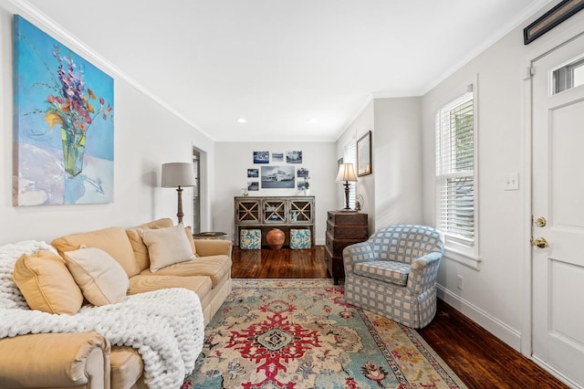 living room featuring dark hardwood / wood-style flooring and ornamental molding