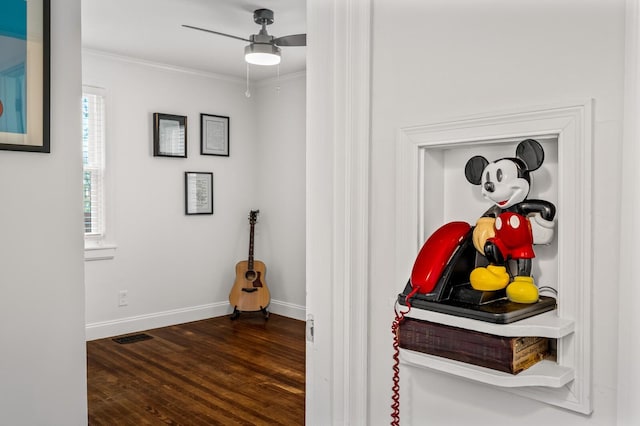 room details featuring hardwood / wood-style floors, ceiling fan, and crown molding