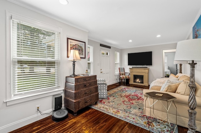 living room with hardwood / wood-style flooring and ornamental molding