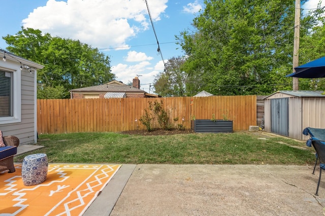 view of yard featuring a shed and a patio area