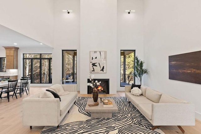 living room with a towering ceiling