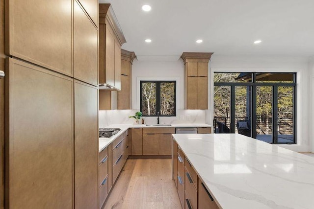 kitchen featuring sink, light stone counters, light hardwood / wood-style flooring, stainless steel gas stovetop, and decorative backsplash