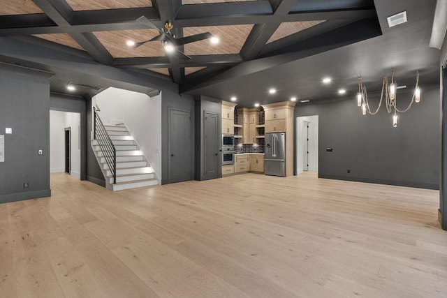 unfurnished living room featuring wood ceiling, light hardwood / wood-style flooring, and beamed ceiling