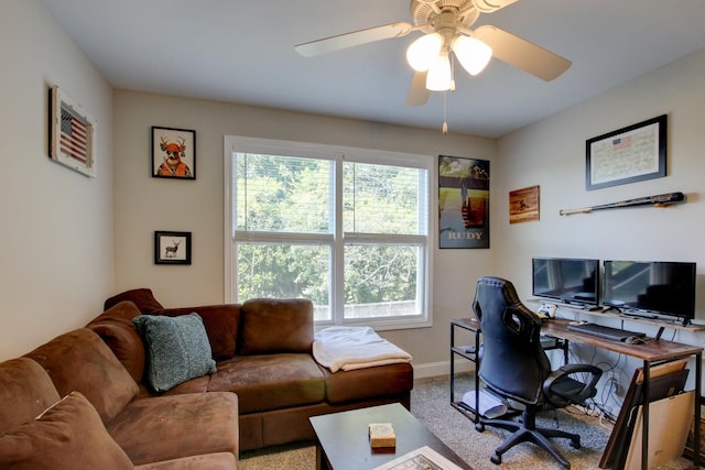 office area with carpet, ceiling fan, and plenty of natural light